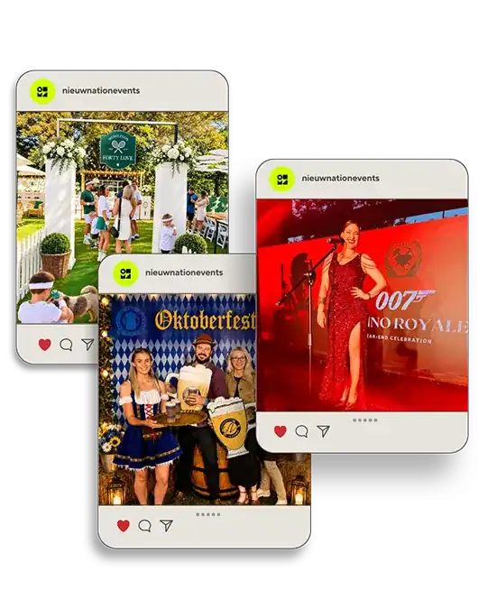 Nieuwnation event moments shared on Instagram: a garden party, an Oktoberfest photo wall and a 007 stage show